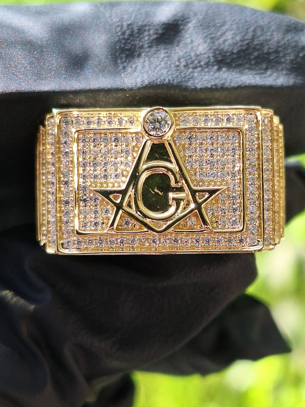 Gold Over 925 Sterling Silver Size 13 Masonic Cubiz Zirconia Ring